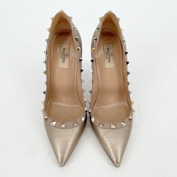 Valentino Garavani Metallic Gold Pebbled Leather Rockstud Pointed Toe Pump EU 37 - Picture 5 of 11